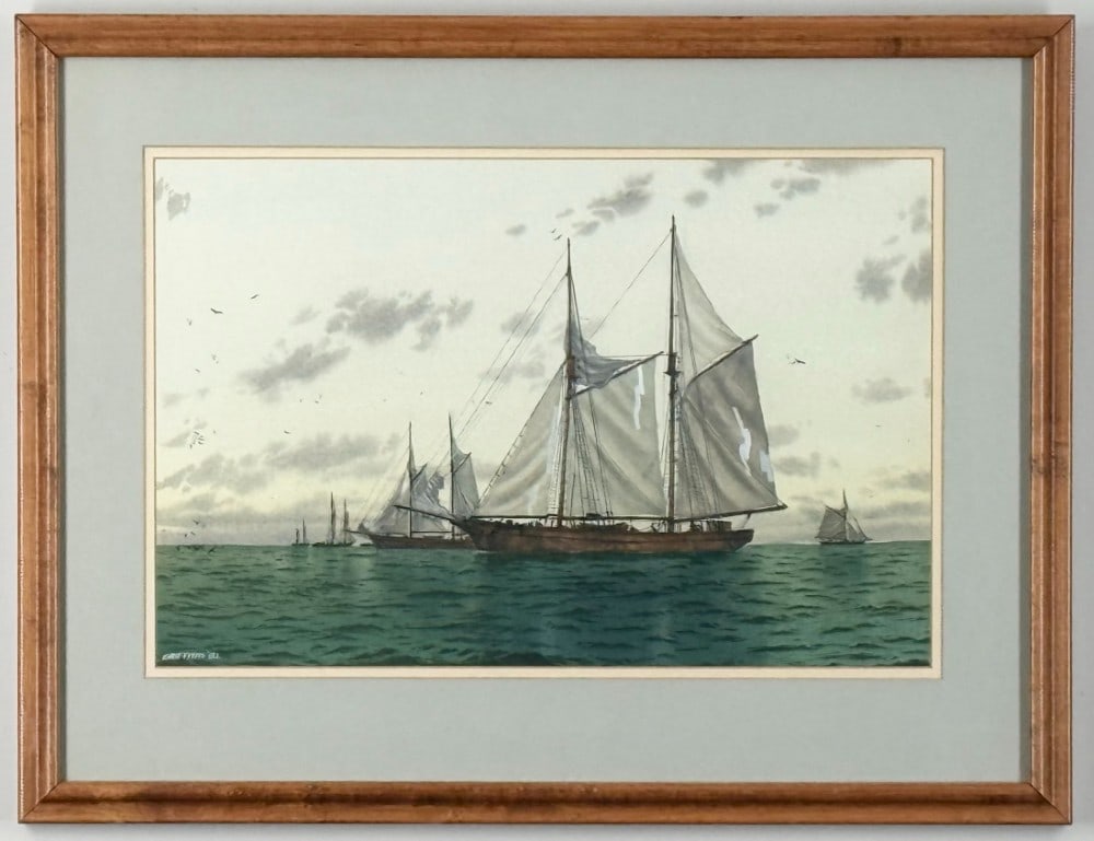 1982 James Griffiths Sail Ships Watercolor Painting On Paper (1 of 4)