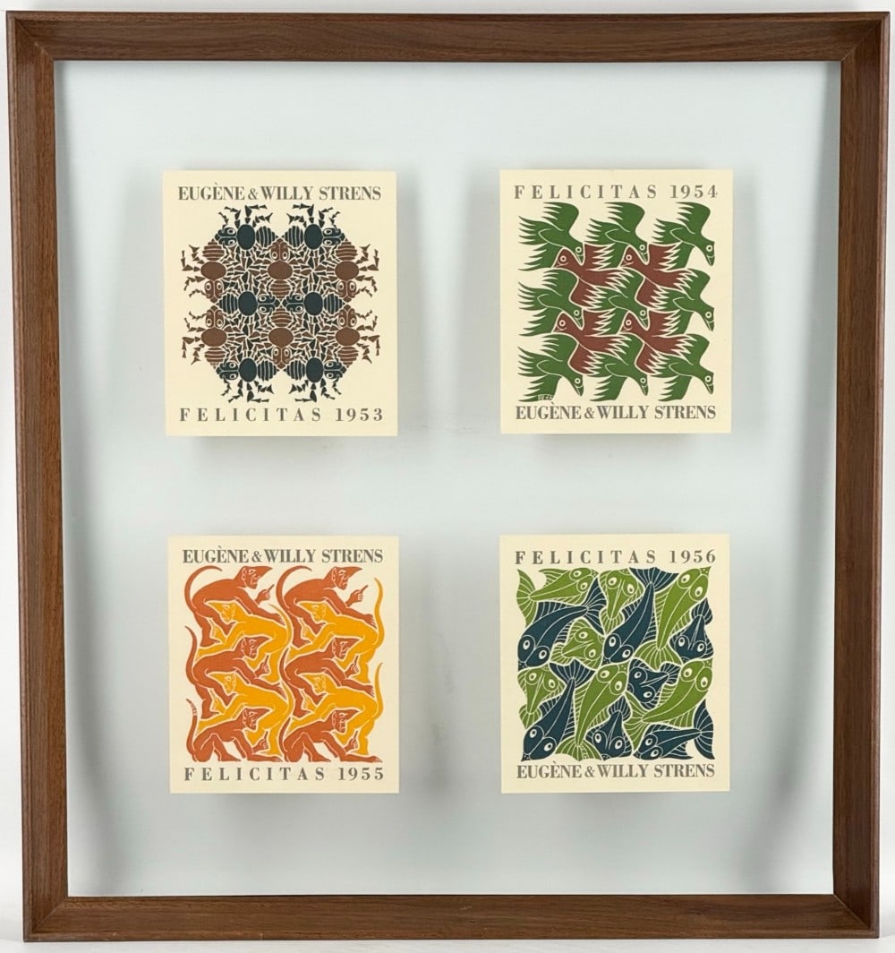 1953-56 M.C. Escher "The Four Elements, Felicitas" New Year's Card Woodcut Set: 1953-56 "The Four Elements, Felicitas" New Year's Card Woodcut Set by listed Netherlands artist M.C. Escher (1898-1972). The set includes Earth, Air, Fire & Water and the colorized woodcuts were made