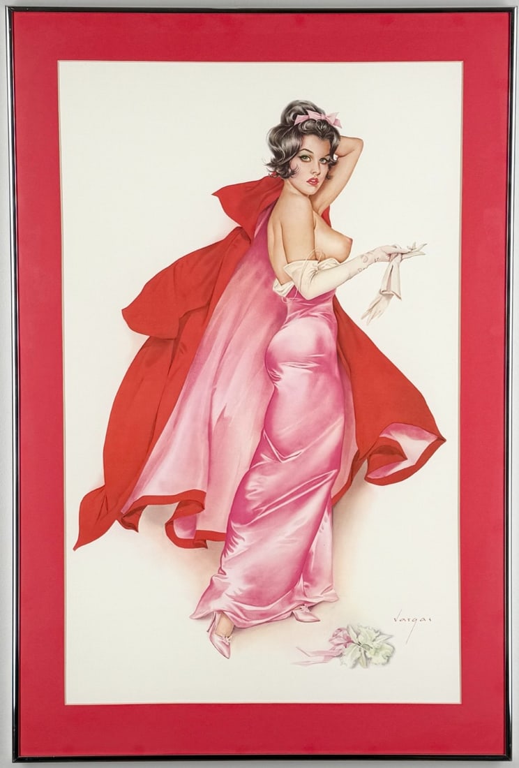 Alberta Vargas Playboy Sept. 1963 Woman In Flowing Pink Dress Framed Print: Framed and matted print by listed New York & California artist Alberto Vargas (1896-1982). The print is titled "Woman In Flowing Pink Dress" and was featured in the September 1963 issue of Playboy mag