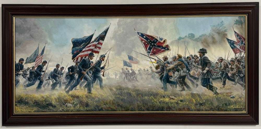 Morton Kunstler "With A Rebel Yell" Signed & Numbered Civil War Giclee Print On Canvas: Signed limited edition giclee print on canvas by New York artist Morton Kunstler (1931-2015). The Civil War print is titled "With a Rebel Yell" and features Second Manassas, Aug. 29, 1862.? The print