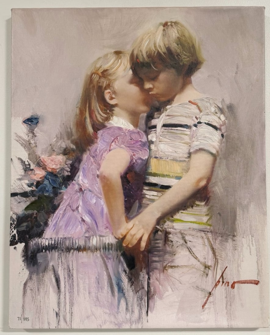 Giuseppe Pino "The Kiss" Signed & Numbered Giclee Print On Canvas: Signed limited edition giclee print on canvas by listed artist Giuseppe D'Angelico Pino (1939-2010). The print is titled "The Kiss".? The print is signed in the lower right and is number 71 of 295 mad