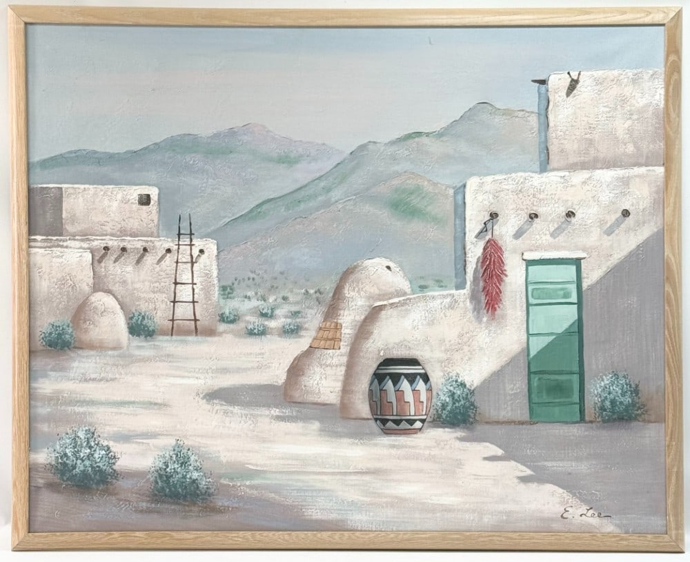 E. Lee (Stephen Eric Lee) Pueblo Buildings Acrylic On Canvas Painting (1 of 4)