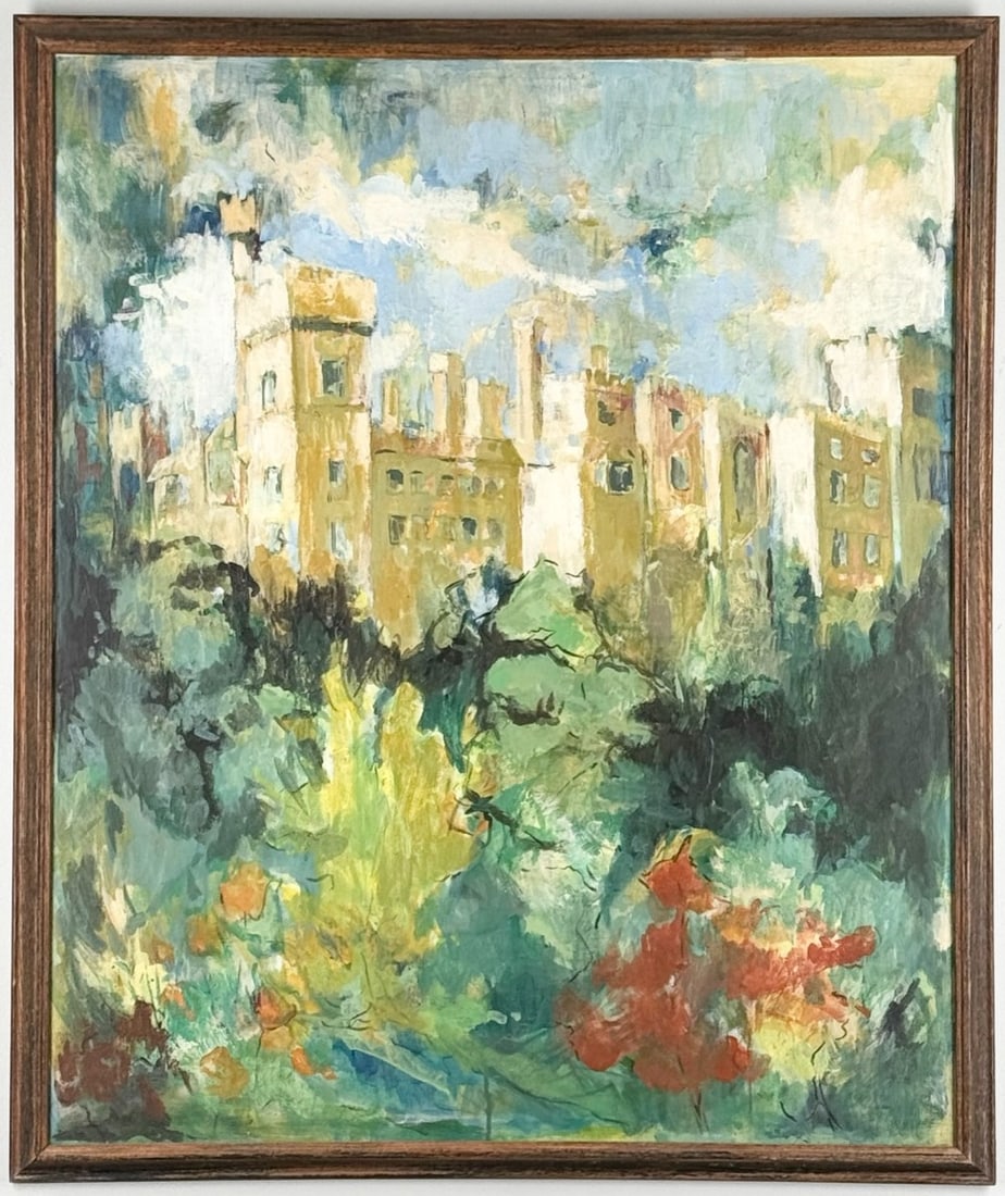 Signed "Lismore Castle" Oil On Canvas Painting: Signed oil painting on canvas. The painting features Lismore Castle in Ireland. Signed in the lower right, but illegible. Sight measures approximately 29-1/2" across x 35-1/2" tall. Framed measures ap