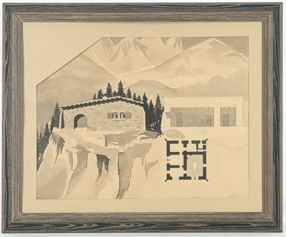 Framed Vintage Architectural Rendering Of An Alpine Lodge India Ink Drawing: Framed Vintage Architectural Rendering Of An Alpine Lodge India Ink Drawing On Paper. The drawing is signed in the lower right and is framed and matted under glass. Sight measures approximately 25" ac