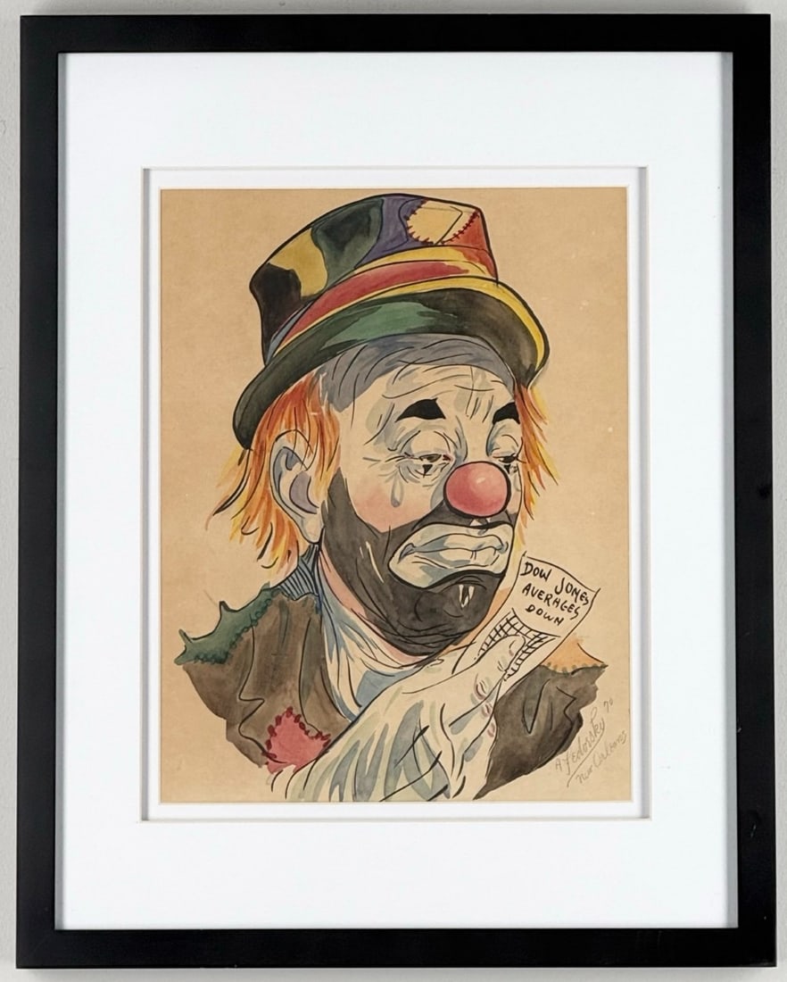 1970 Alexander Fedorsky Sad Stockbroker Clown Watercolor On Paper Painting (1 of 4)