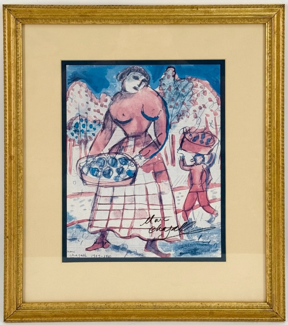 Artist Marc Chagall Hand-Signed Framed & Matted Photograph PSA Authenticated: Artist Marc Chagall Hand-Signed Framed & Matted Photograph. The photographed has been authenticated by PSA. Features a women carrying a basket. Sight measures approximately 8" across x 10-1/2" tall, f
