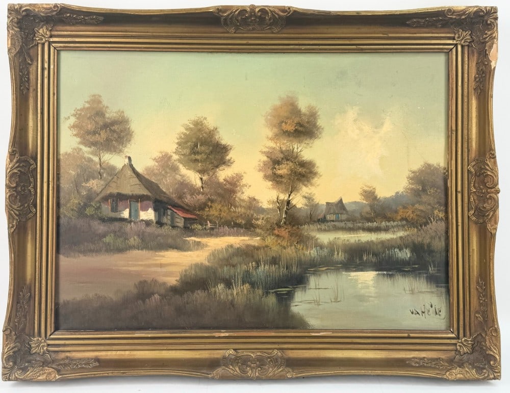 V.A. Heide Rural Houses Landscape Oil On Canvas Painting: Oil on canvas board painting by artist V.A. Heide. The painting features a rural houses landscape. The painting is signed in the lower right. Sight measures approximately 26-3/4" across x 19" tall, fr