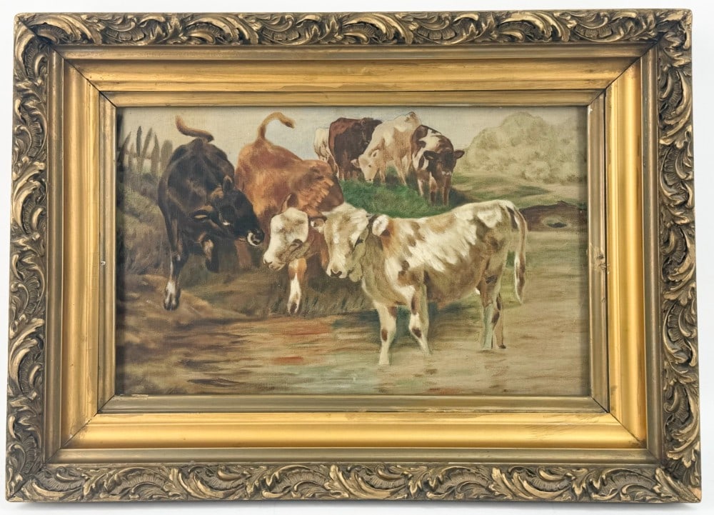 Antique Cattle In A Pastoral Landscape Oil On Canvas Painting (1 of 3)