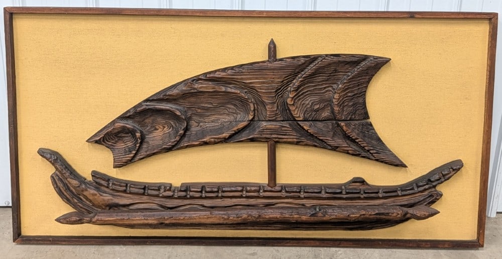 Mid-Century Witco Tiki Carved Wood Large Outrigger Wall Art: Mid-Century Witco Tiki Carved Wood Large Outrigger Wall Art. Mounted on the original canvas board backing with a wood frame. Overall measures approximately 60" across x 30" tall.