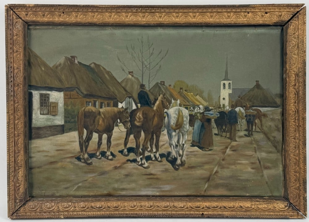 After Frans van Leemputten "The Procession" Oil On Canvas Painting: Antique oil on canvas painting after Belgium artist Frans van Leemputten (1850-1914). The painting is titled "Procession" and features a rural village scene with horses and figures. The painting is un