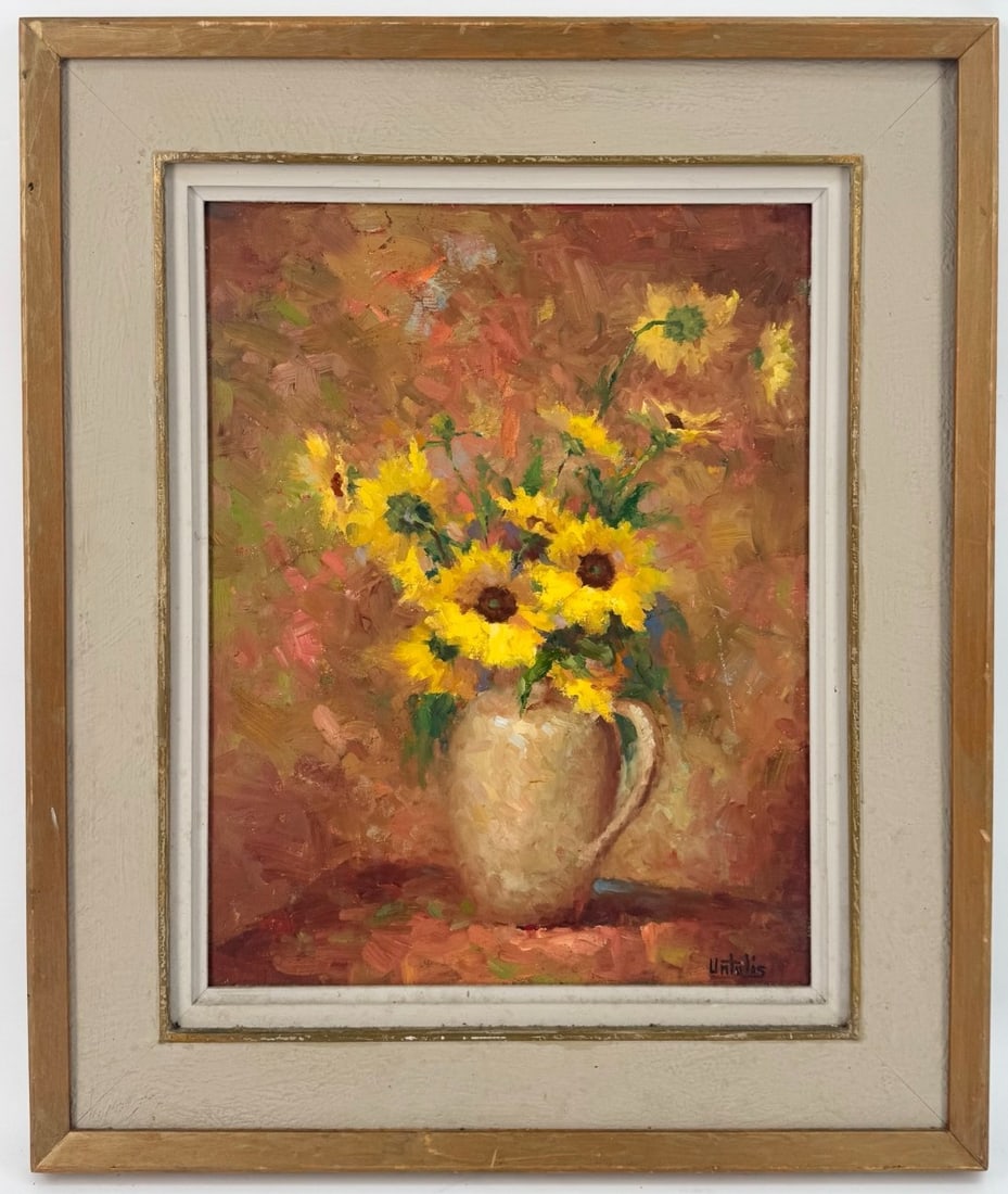 1965 Charles R. Untulis "Floral Still Life" Oil On Canvas Board Painting: Oil on canvas board painting by listed artist Charles R. Untulis (1911-1971). The painting features a floral still life with yellow flowers. The painting is signed in the lower right, dated on the ver