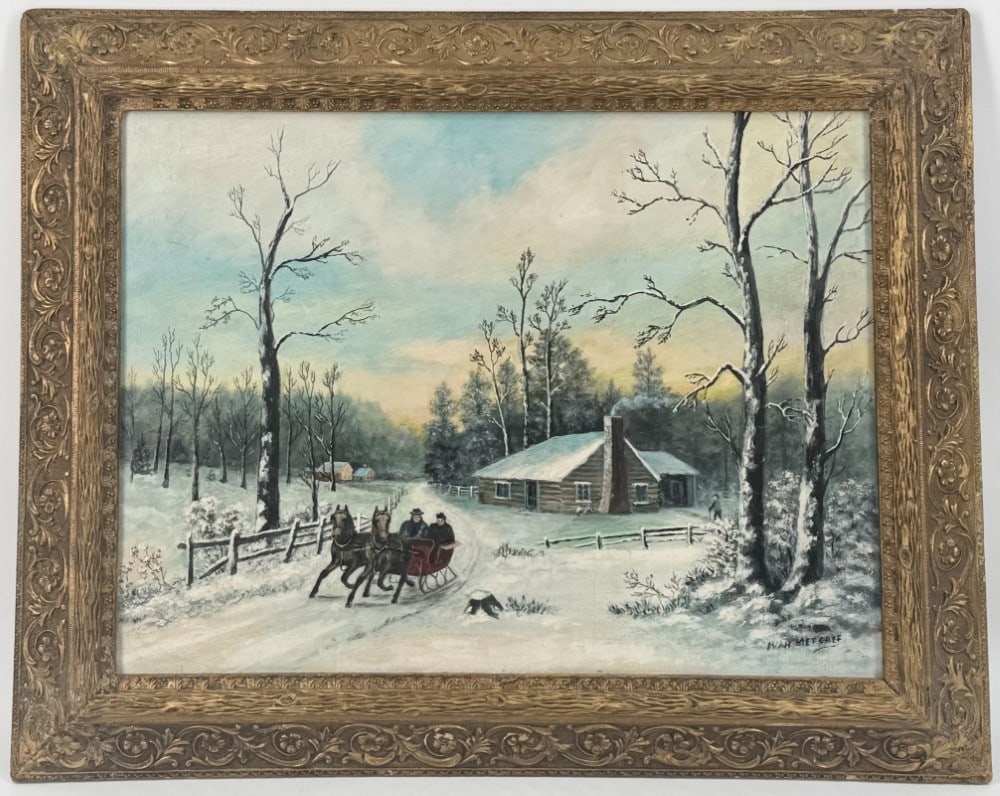 W.A.H. Metcalf "Winter Sleigh Ride" Oil On Board Painting (1 of 4)