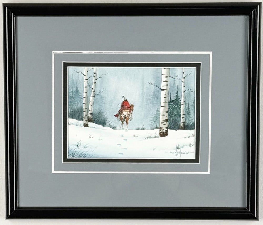 Arthur Menchego Native American On Horseback In Winter Watercolor On Paper Painting (1 of 4)