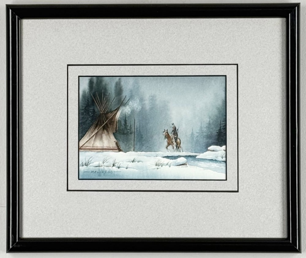 Arthur Menchego Native American Returning Home In Winter Watercolor On Paper Painting (1 of 4)