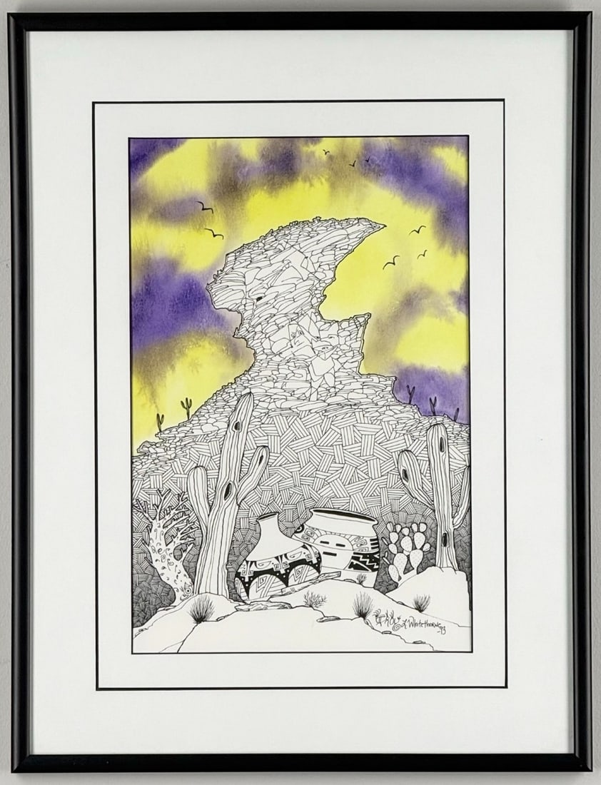 1993 Troy L. Whitethorne Native American Ink & Watercolor Art On Paper: 1993 Troy L. Whitethorne Native American Ink & Watercolor Art On Paper. The art features a desert landscape with Mata Ortiz pottery. Signed and dated in the lower right. Sight Measures approximately 9