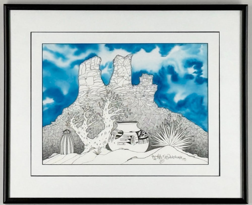 1993 Troy L. Whitethorne Native American Ink & Watercolor Art On Paper: 1993 Troy L. Whitethorne Native American Ink & Watercolor Art On Paper. The art features a desert landscape with Mata Ortiz pottery. Signed and dated in the lower right. Sight Measures approximately 1