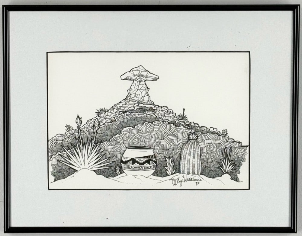 1992 Troy L. Whitethorne Native American Ink Drawing On Paper: 1992 Troy L. Whitethorne Native American Ink Drawing On Paper. The art features a desert landscape with Mata Ortiz pottery. Signed and dated in the lower right. Sight Measures approximately 9-1/2" acr