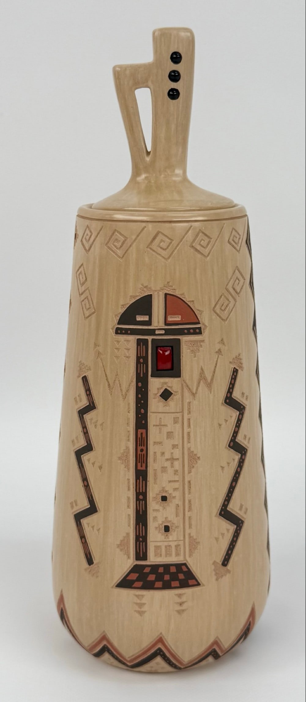 Glendora Fragua Jemez Pueblo Etched Polished Pottery Vase With Lid: Pottery Vase With Lid by listed Jemez Pueblo artist Glendora Fragua (Born 1958). The polished pottery vase & lid features beautiful etched geometric designs and pigments with inlaid coral and onyx sto