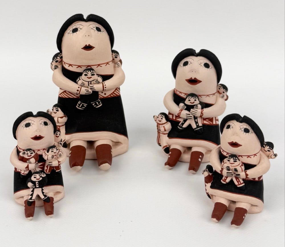 Collection Of Four Storyteller Pottery Figurines By Navajo Artist Phyllis Nez: Collection of four Pottery Storyteller Figurines by listed Navajo artist Phyllis Nez. The figurines range in size from 1-1/2" tall to 3-1/2" tall and each one is signed on the base. Great condition wi
