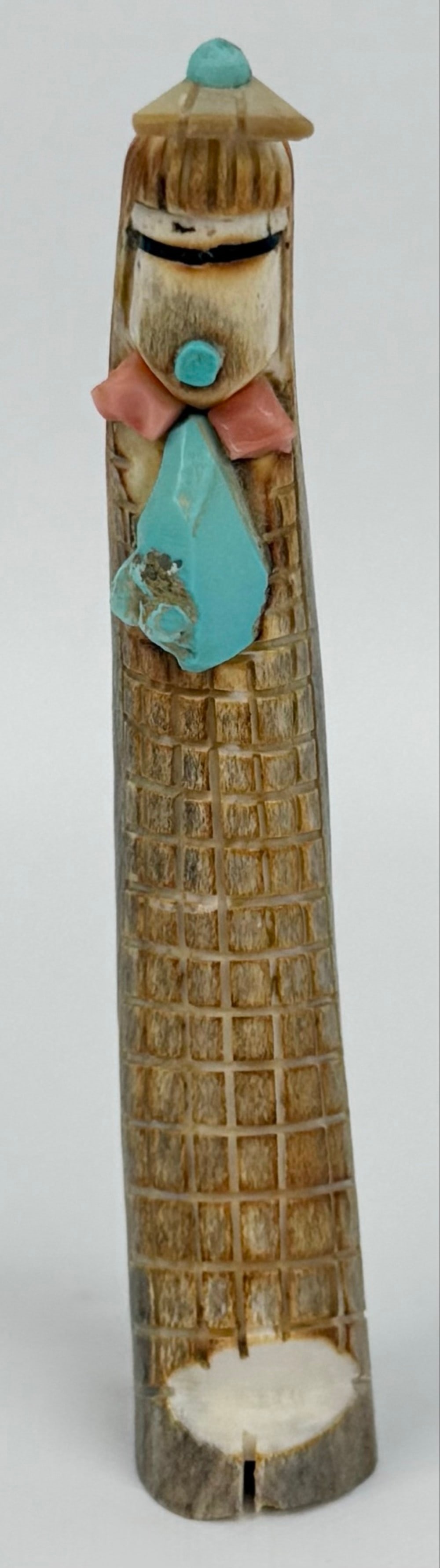 Corn Maiden Carved Antler Figure By Zuni Artist Todd Poncho: Carved Antler Figure by listed Zuni artist Todd Poncho. The carving features a "Corn Maiden" and is embellished with coral, turquoise, and malichite stones. Great condition with no chips or cracks. Me