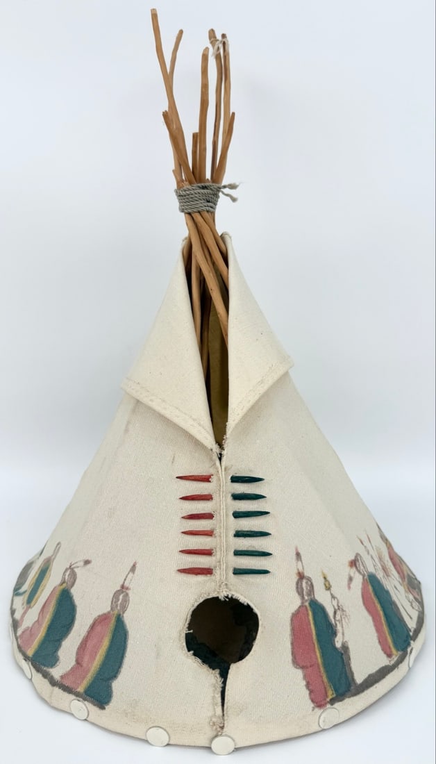 1930's Pauline P. 12" Sioux Teepee From The Pine Ridge Reservation Dakota Territory: 1930's Sioux Teepee signed by maker Pauline P. The artist lived on the Pine Ridge Reservation in the Dakota Territory. The teepee was for use as a children's toy, it was not just for tourists. Has a p