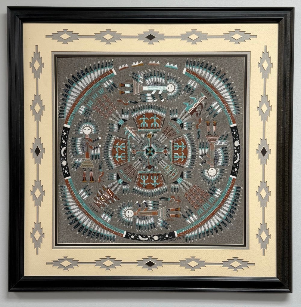 Navajo Artist Johnny Benally Sr. "Whirling Logs With Storm" Framed Sandpainting: Framed & matted sandpainting by listed New Mexico Navajo artist Johnny Benally Sr. The painting is titled "Whirling Logs With Storm" and is signed in the lower right. Comes with a COA from Broken Arro