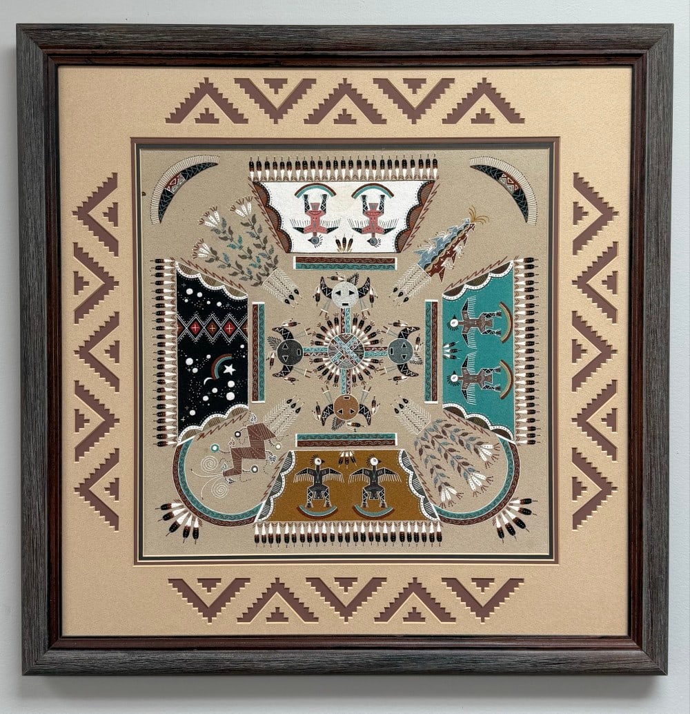 Navajo Artist Wilford Ben "Storm Dancers Rain & Lightning" Framed Sandpainting: Framed & matted sandpainting by listed Shiprock New Mexico Navajo artist Wilford Ben. The painting features Storm Dancers Rain & Lightning and is signed on the verso. Sight measures approximately 15-1