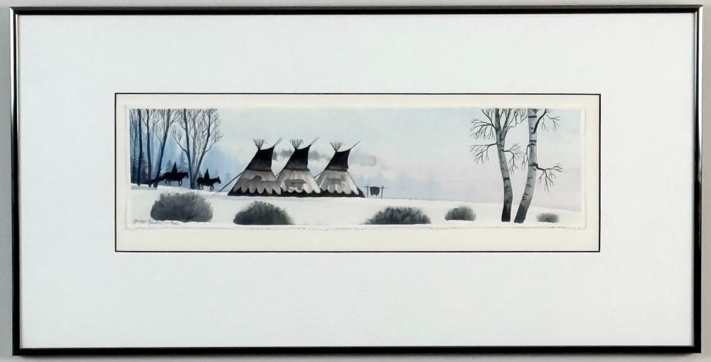 Navajo Benson Halwood Native American Winter Scene Gouache On Paper (1 of 4)