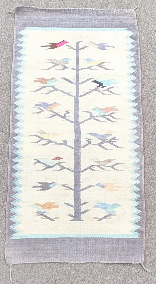 Navajo Bird Pictorial "Tree Of Life" 29" x 58" Woven Wool Rug: Navajo 29" x 58" Pictorial Woven Wool Rug featuring the "Tree Of Life" with 16 birds. The rug features orange, tan, cream, and gray colors and is in very good condition.