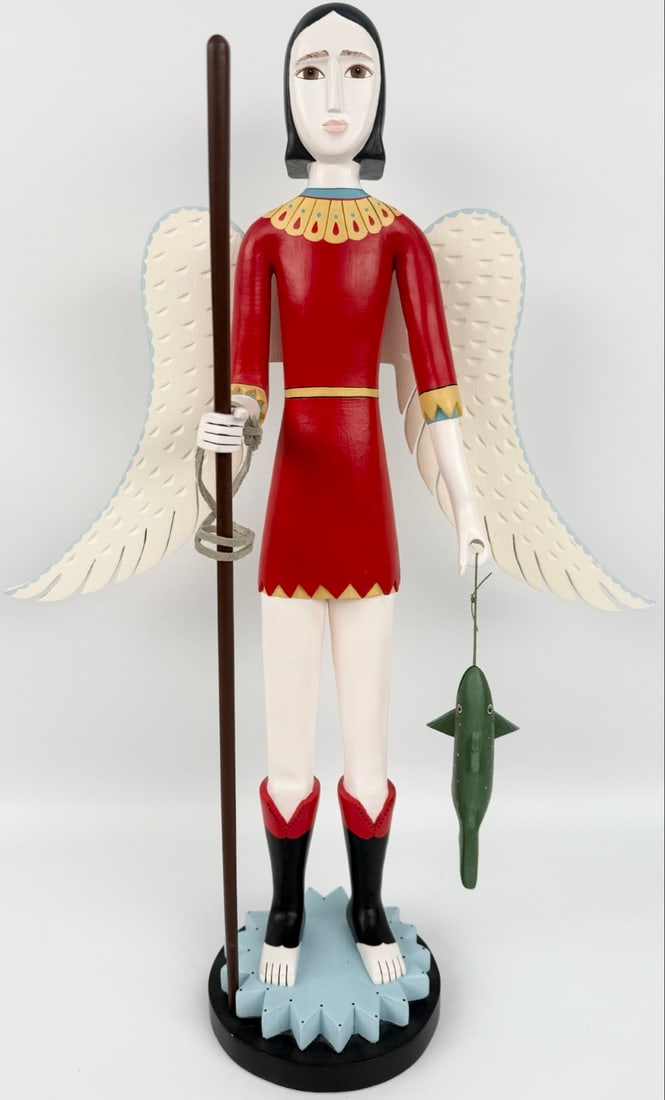 Large Signed Leslie J. De Romero Painted Wood Statue Of San Raphael Angel (1 of 7)