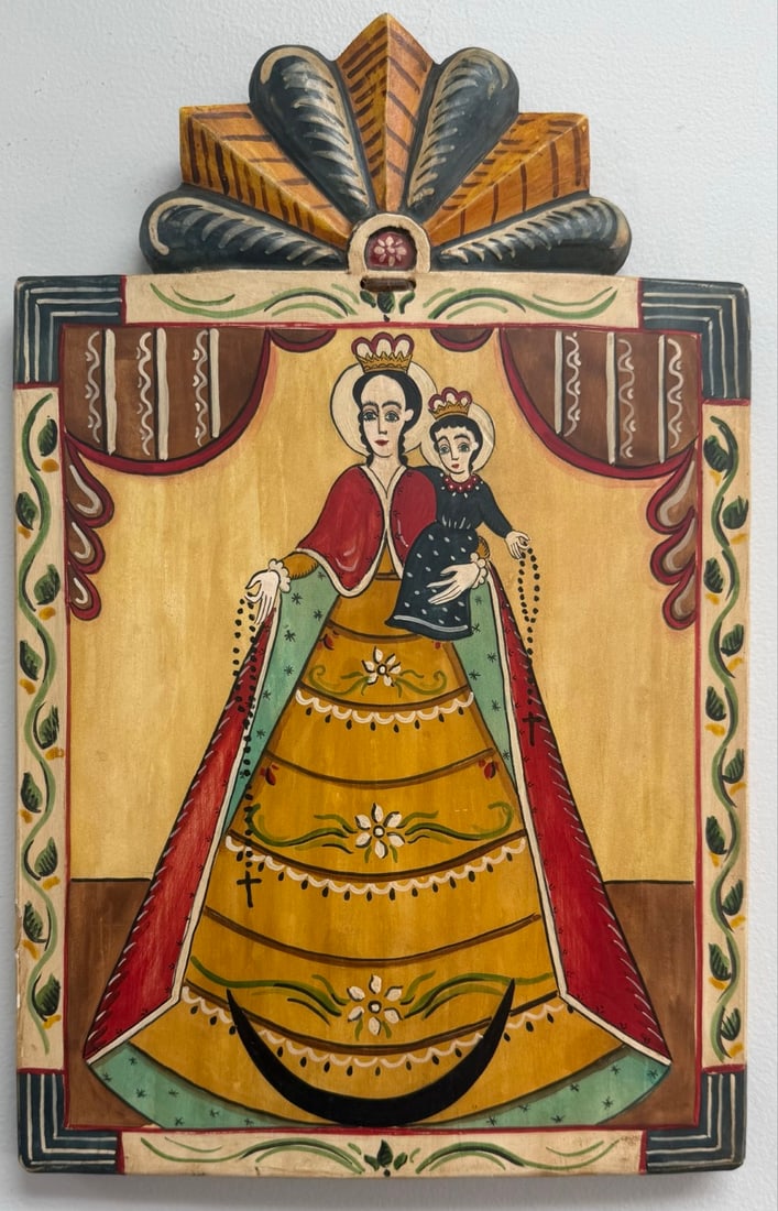 1993 Our Lady Of The Rosery Retablo By Artist Gustavo Victor Goler: Painting on carved wood retablo by Taos New Mexico artist Gustavo Victor Golar. The retablo is titled "Nuestra Senora el Rosario" (Our Lady of the Rosery) and is signed on the verso. Good condition wi