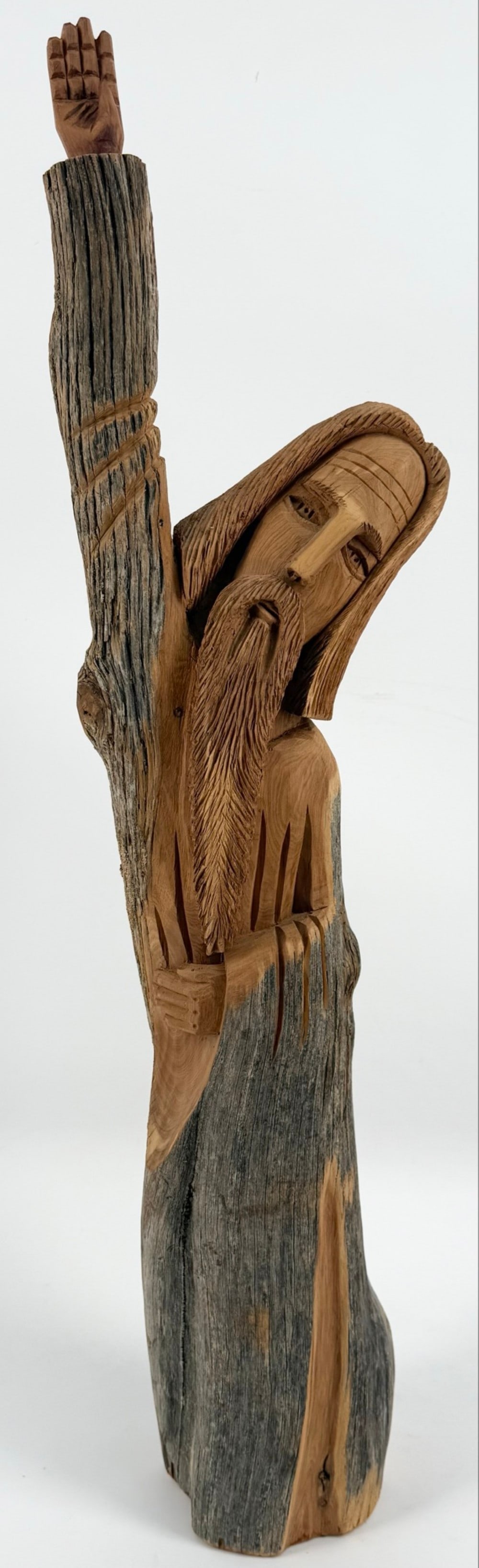 1995 Leonardo Salazar "Moses" Hand-Carved Cedar Wood Figure: Hand-carved cedar wood figure by award winning Taos New Mexico artist Leonardo Salazar. The figure features "Moses With A Up Stretched Arm" and is signed and dated on the base. Displays well and measu
