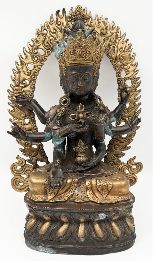 Antique Gilt Bronze Namgyalma Tibetan Goddess Statue: Antique Gilt Bronze Namgyalma Tibetan Goddess Statue. The bronze has fine detail with some age and display wear, has some green patina in spots. Measures approximately 13-1/4" tall x 8-5/8" across x 4