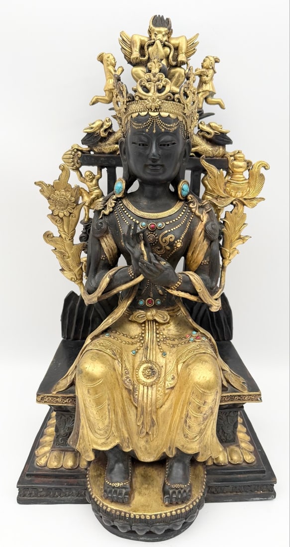 Antique Jeweled Gilt Bronze Tibetan Maitreya Bodhisattva Statue: Antique Jeweled Gilt Bronze Tibetan Maitreya Bodhisattva Statue. The bronze has fine detail with strong gold gilt, has some light age and display wear. Measures approximately 17" tall x 8-3/4" across