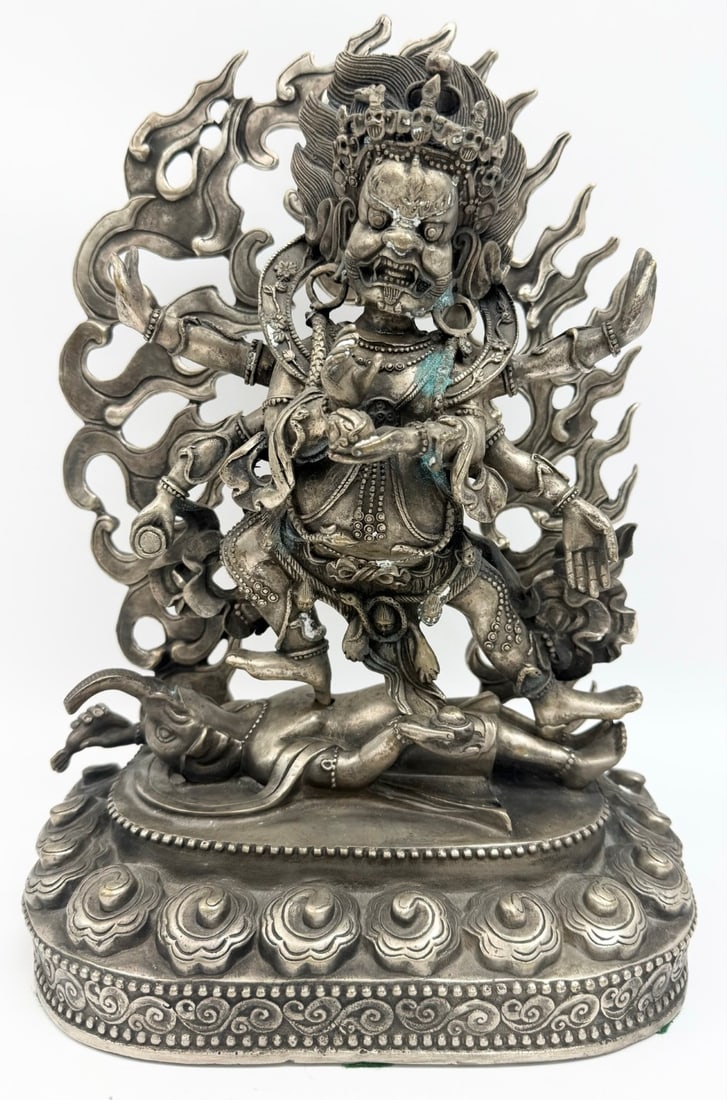 Vintage Tibetan Buddist White Mahakala Silver Plated Copper Sculpture: Vintage Tibetan Buddist White Makakala Protector Deity Silver Plated Copper Statue. The piece has intricate detail and is marked on the base. Good condition with some age and display wear, has a few s