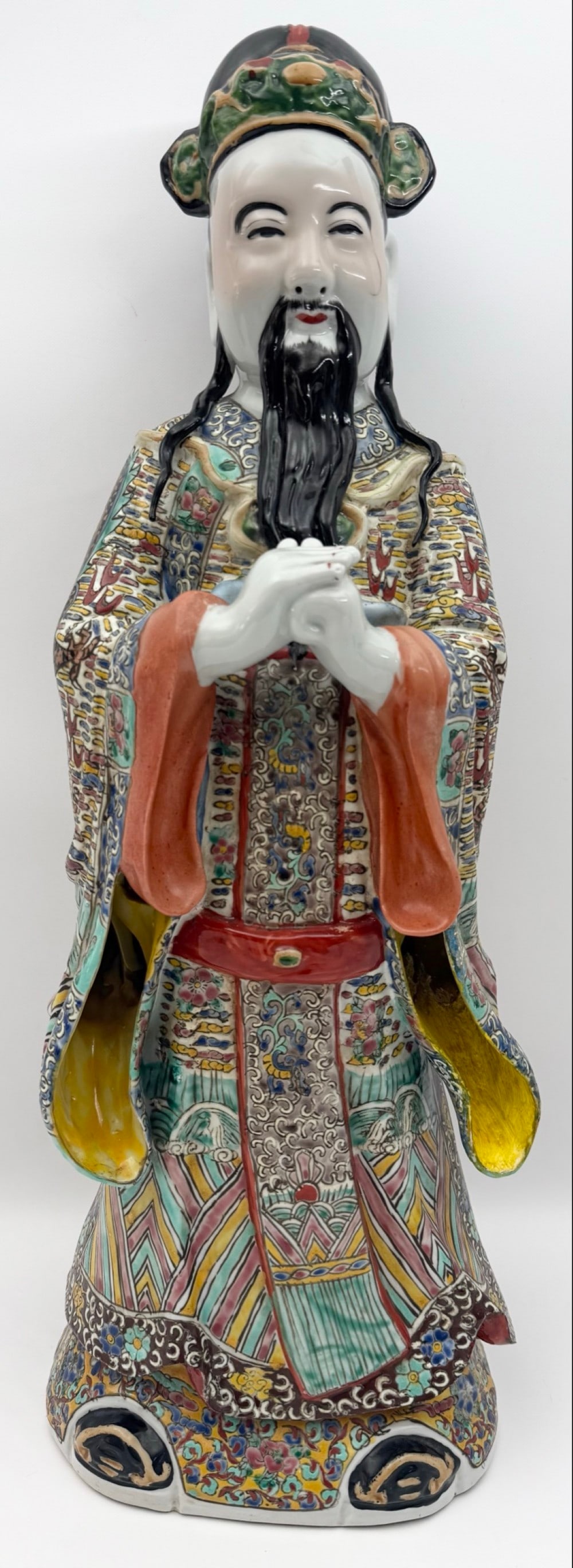 Vintage Chinese Famille Rose Porcelain Figure Of Lu Xing: Vintage Chinese Famille Rose Porcelain Figure Of Lu Xing. Lu Xing is the Chinese deity of prosperity, wealth, and status. The figure measures 22-1/2" tall x 8" across x 6" deep. Displays well with no