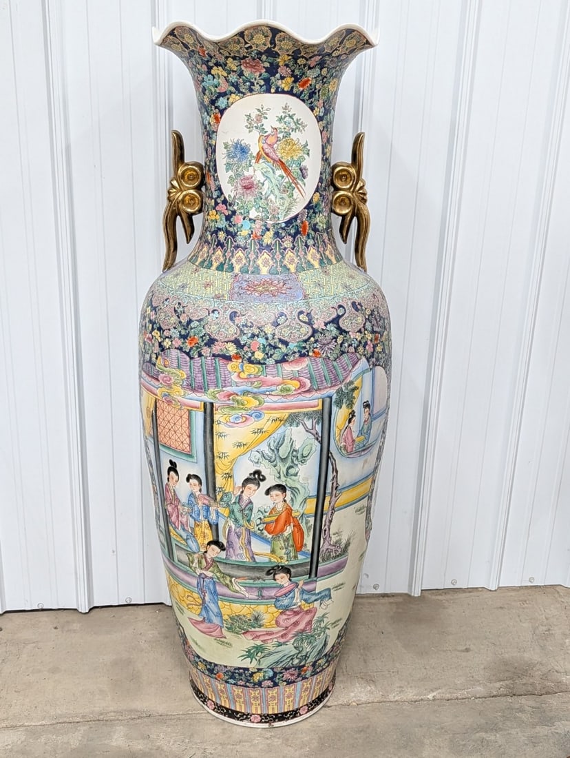 Monumental 5 Foot Tall Chinoiserie Chinese Porcelain Handled Floor Vase: Monumental Chinoiserie Chinese Porcelain Handled Floor Vase. Beautiful hand-painted vase with flower designs, birds, and figures. The vase displays well with no issues. Measure approximately 58" tall