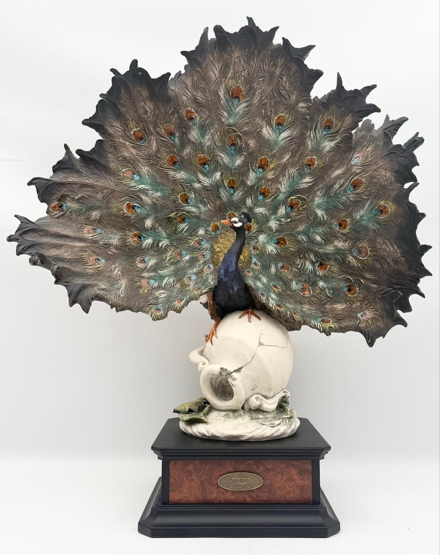 1999 Florence Giuseppe Armani "Pride Peacock" Limited Edition Sculpture: 1999 Florence Giuseppe Armani "Pride Peacock" Limited Edition Sculpture. The Italian sculpture is model #1357S features a large peacock with it's feathers fanned out. It is #190 in an edition of 1500.