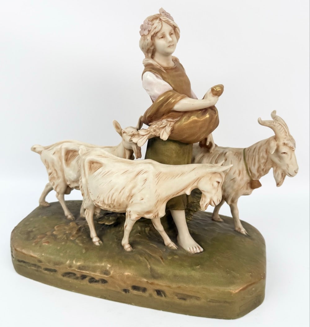 Antique Royal Dux Bohemia Girl With Three Goats Porcelain Figure: Antique Royal Dux Bohemia Girl With Three Goats Porcelain Figure. The figure is marked on the base and is number 2287. The condition is nice with a couple light flakes on the bottom edge of the base a