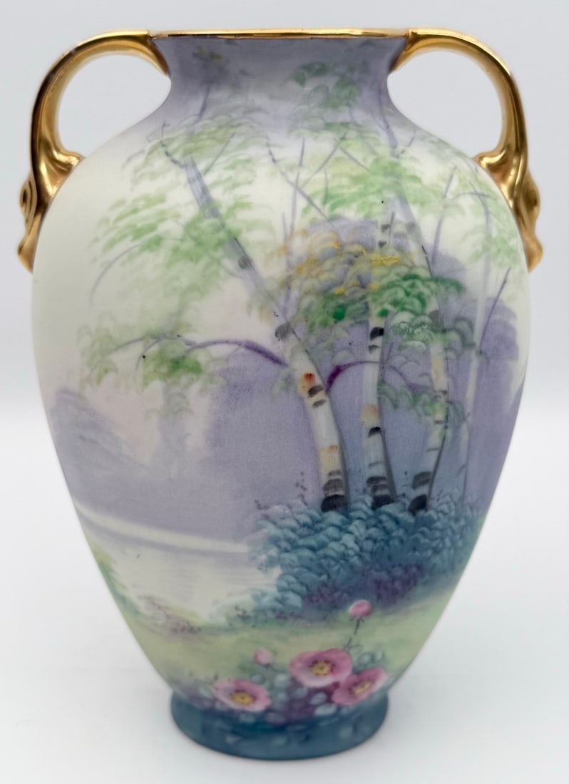 Antique Pickard Scenic Vellum "Wildwood" Porcelain Handled Vase (1 of 6)