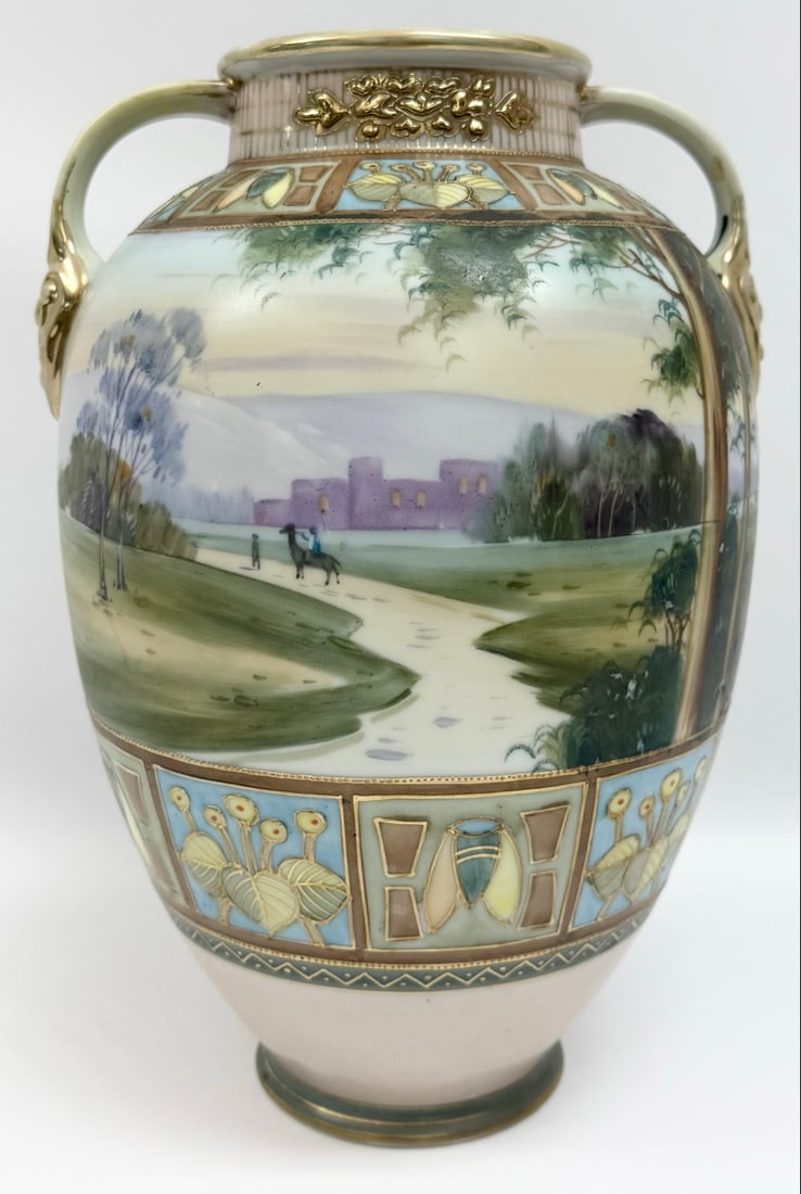 Antique Nippon Porcelain Two-Handled Village Landscape Vase (1 of 7)