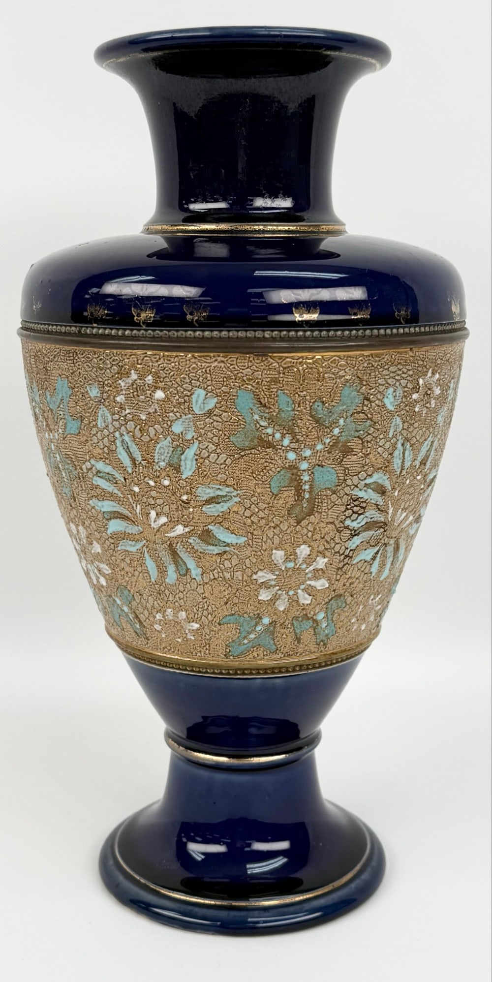 Large Antique Art Nouveau Doulton Lambeth Beaded Tapestry Vase: Large Antique Art Nouveau Doulton Lambeth Beaded Tapestry Vase. The vase has no chips or cracks, but has some wear to the applied gold accents, beautiful vase.? Measures approximately 13" tall x 7" ac