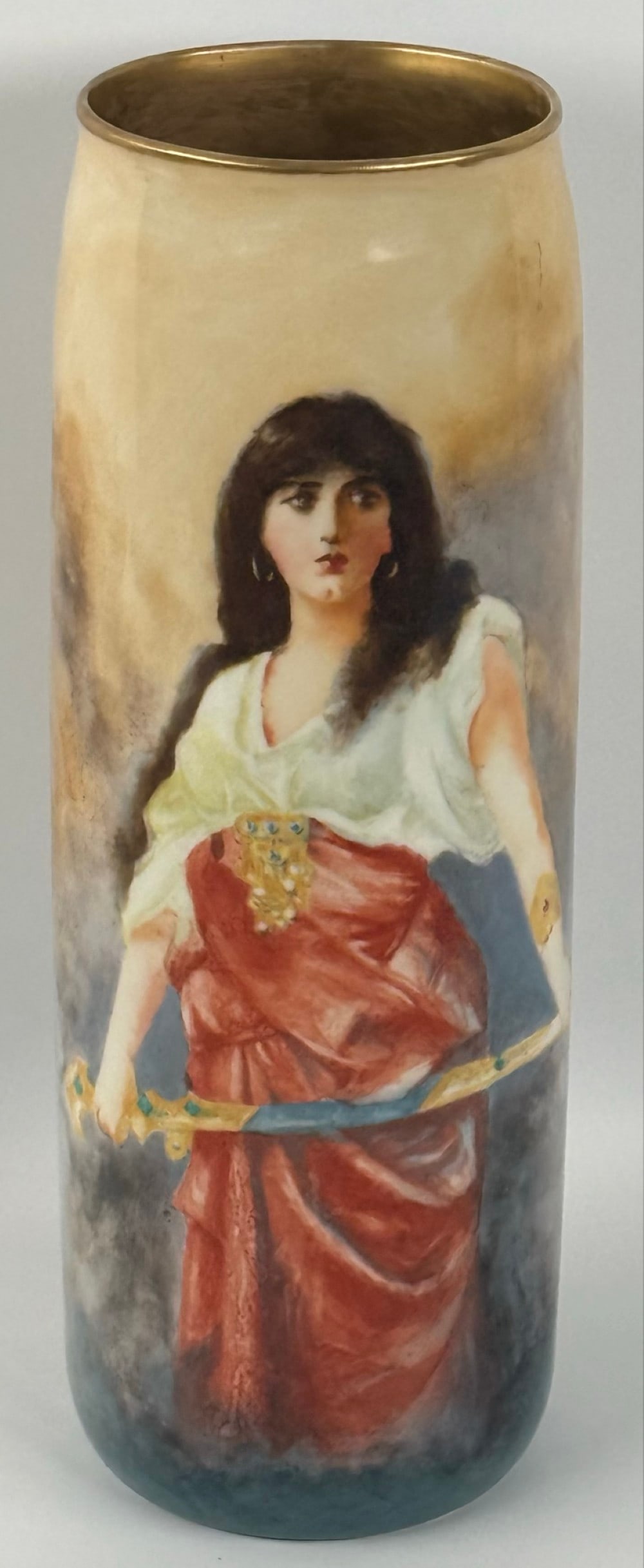 Antique American Belleek "Judith" Porcelain Portrait Vase By Sophie Ringe: Antique American Belleek "Judith" Porcelain Portrait Vase. The large hand-painted vase is signed by the artist Sophie Ringe with the good luck swastika symbol. After "Judith" by Nathaniel Sichel. Nice