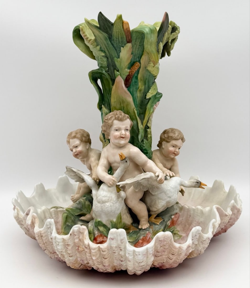 Antique Majolica Porcelain Figural Compote Bowl Featuring Cherubs & Geese (1 of 5)