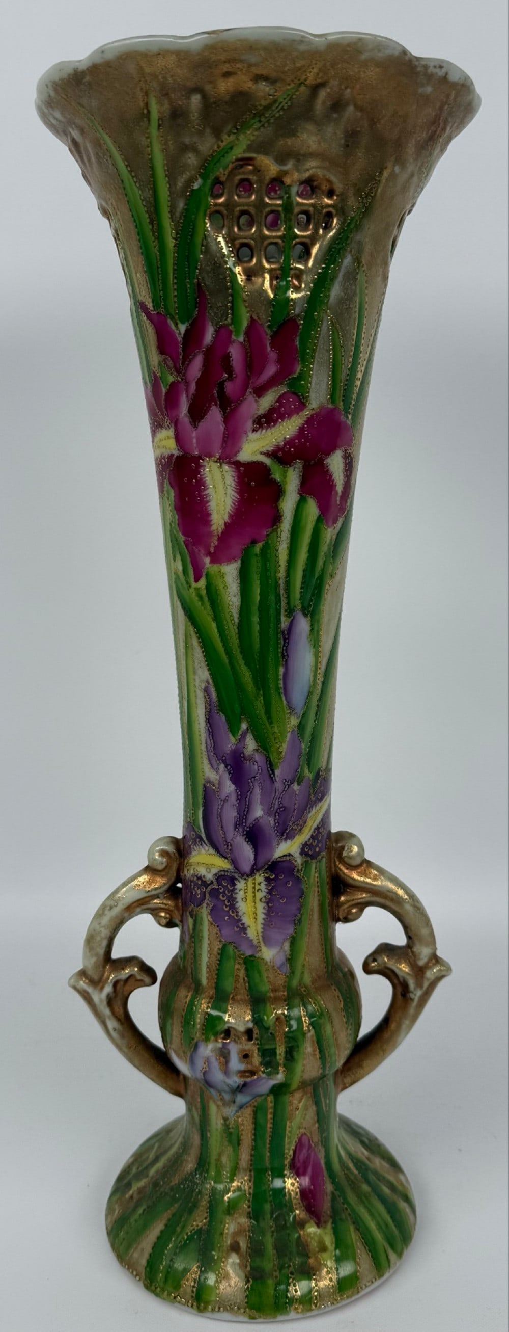 Antique Japanese Satsuma Iris Vase: Antique Japanese Satsuma Iris Vase. The hand-painted vase is signed on the base and has great detail. Nice condition with some wear to the gold accents. Measures approximately 17" tall with a top diam