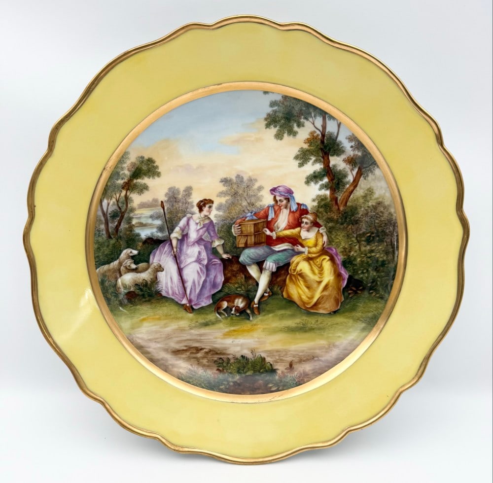 Antique Meissen Porcelain Pastoral Scene Hand-Painted Charger Plate: Antique Meissen Porcelain Pastoral Scene Hand-Painted Charger Plate. The plate includes a pastoral scene with people, sheep, and a dog. Nice yellow border with gold accents. Displays well with only so