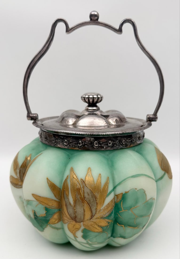 Antique Mt. Washington Glass Crown Milano Melon Shaped Biscuit Jar With Original Paper Label (1 of 9)