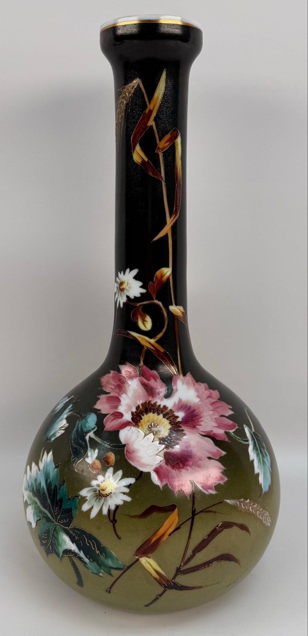 Large Antique Bristol Glass Hand-Painted Floral Vase: Large Antique Bristol Glass Hand-Painted Vase. The vase features a dark to light green background with flower and foliage. Good condition with no chips or cracks, has some wear on the top edge gold pa