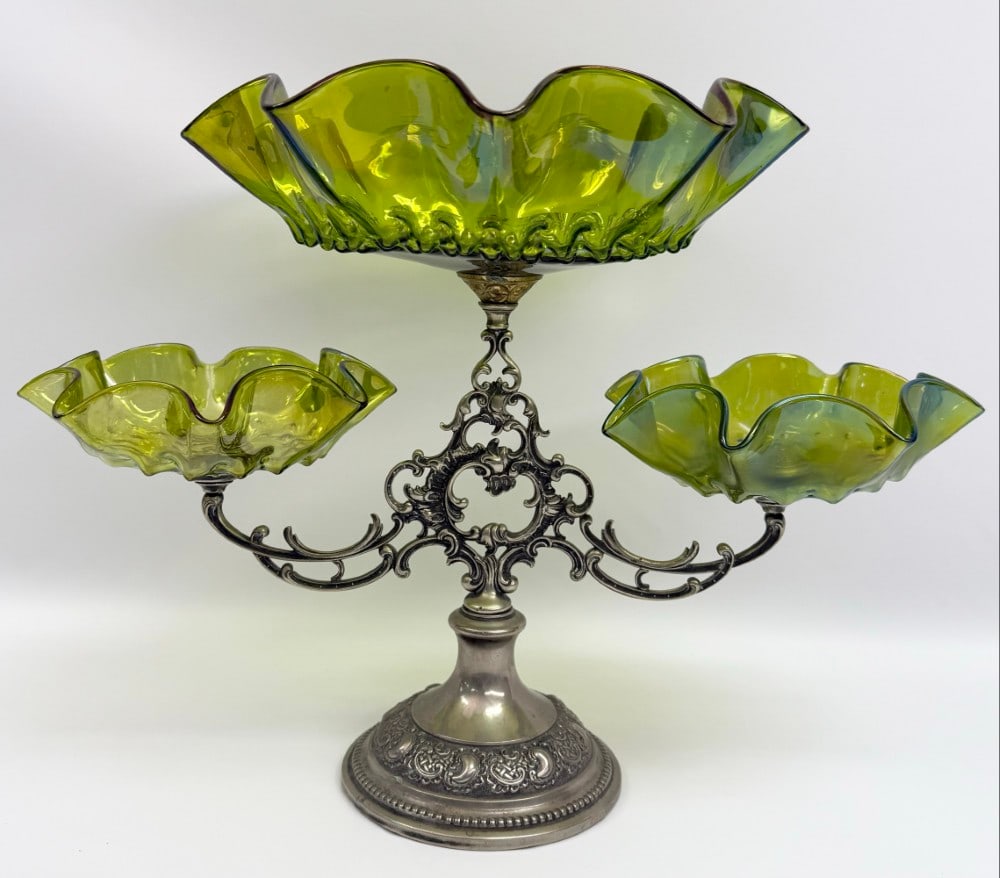 Art Nouveau Green Loetz-Style Art Glass & Silverplate Triple Centerpiece: Art Nouveau Green Loetz-Style Art Glass & Silverplate Triple Centerpiece. The center green bowl measures approximately 11" in diameter and the lower pair measure approximately 6-3/4" in diameter. The