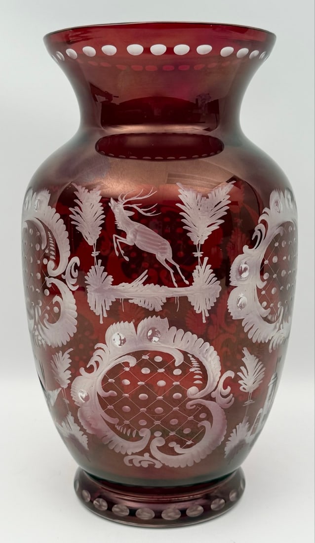 Large Vintage Egermann Bohemian Ruby Cut To Clear Glass Vase (1 of 8)